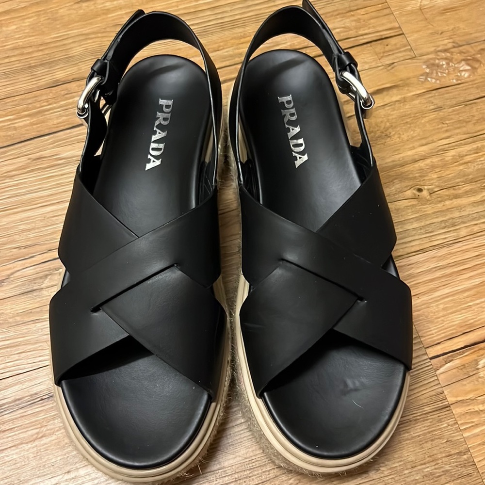 Prada Women's Black Crisscross Espadrille Sandals Shoes size 39